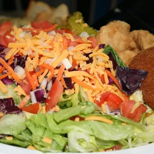 Cotton Pickin' Salad with Crab Cake &amp; Fried Chicken Tender Add-Ons.