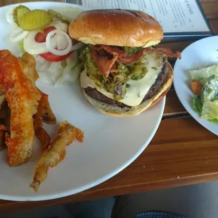 New Mexico Burger with very large fries and Cesar salad