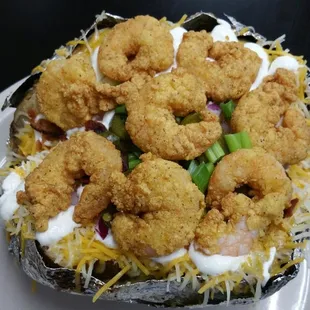 Stuffed Baked Potato with fried shrimp