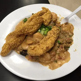 Catfish cou-yon with shrimp ettoufee and dirty rice. Amazing dish with plenty of shrimp.
