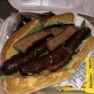 Closeup of the sausage po-boy