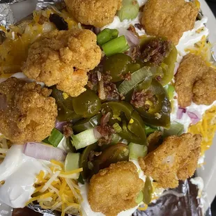 Loaded potato with fried shrimp