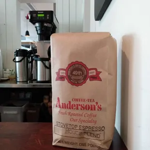 Anderson's coffee beans in a bag on the bar of the Counter Cafe.