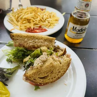Tuna, Alex sandwich, haystack fries, and a cold beer