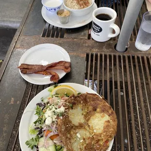 Frittata with a side of bacon and oatmeal
