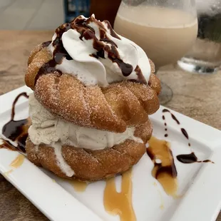 Churro Donut with the Blivet Drop cocktail (Cinnamon Toast Crunch almond milk that they make from scratch, bourbon, brandy and falernum)