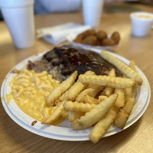 Pulled pork. Fries. Hush puppies. Mac n cheese