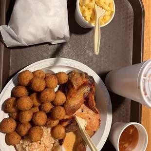 BBQ chicken, hush puppies, Mac n cheese &amp; Cheerwine