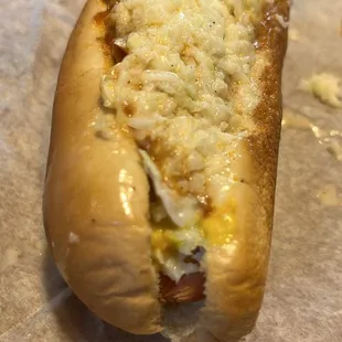 Hot dog with chili, Cole slaw, and mustard