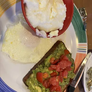 Avocado toast, with two eggs, grits, and so so good