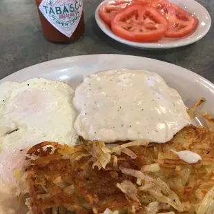 Chicken fried steak and eggs, perfectly cooked.