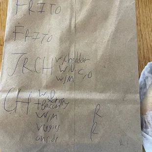 Order written on the brown paper bag in which it is delivered