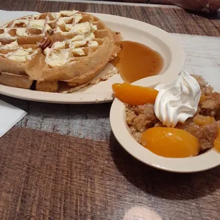 Pecan waffle with peach cobbler