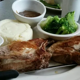 Pork chop dinner, gravy on the side.  Very juicy chops.