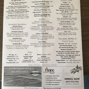 breakfast menu on a table
