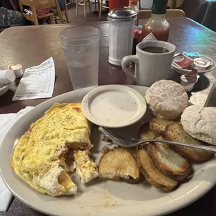 Ham and cheese omelet with home fries!!! And biscuit and gravy