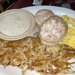 Hash Browns with scrambled eggs and biscuits and gravy