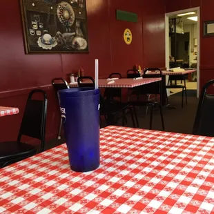 a red and white checkered table cloth