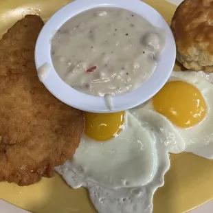 fried eggs and chicken