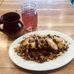 Cafe de Olla!! If you ask for water they give you a very light jamaica water - really nice change. Plus Hawaiian fried rice - delicious.