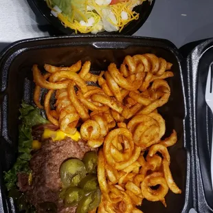 Burger, curly fries, chefs salad. Yum!