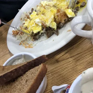 2 eggs, sausage, hash row z and toast