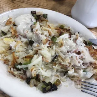 Western hash browns with sausage gravy.