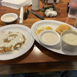 Hank Williams breakfast. Chicken fried steak, two eggs, grits, biscuit and gravy.