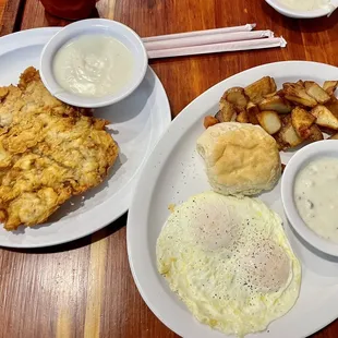Chicken fried steak, 2 eggs, biscuit, hash browns and sausage gravy -- all included on the #16 for $9.95
