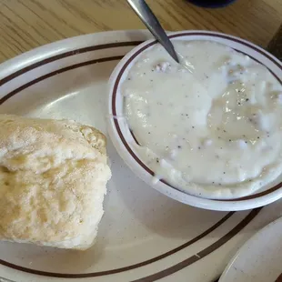 Biscuit and gravy came with breakfast instead of toast. Very good. And, hot!