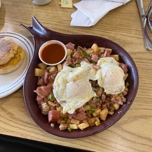 a plate of breakfast food on a table