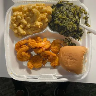 8 piece shrimp, Mac n Cheese and collard greens. YUM!