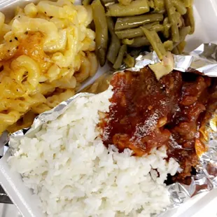 MEAT LOAF, RICE, GREEN BEANS, &amp; MAC N&apos; CHEESE.