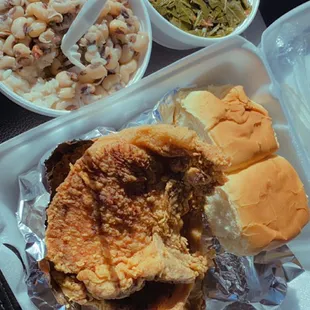 PORK CHOPS, COLLARD GREENS, &amp; BLACK-EYED PEAS WITH RICE.