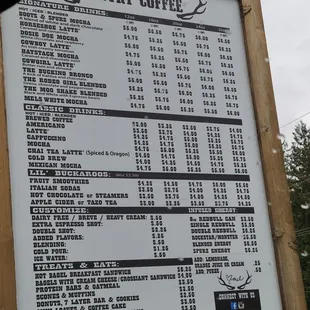 the price list for the coffee