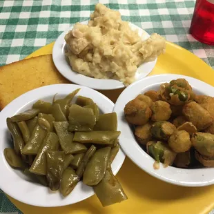 Green beans, fried okra, chicken &amp; dumplings, and cornbread.