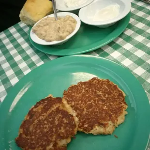 Salmon patties, poached eggs (took WAY too long), biscuit and gravy.