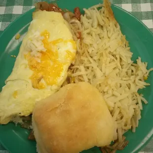 3-egg omelette, hashbrowns, biscuit.