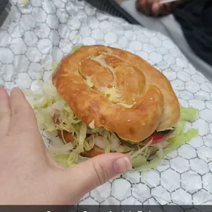 Turkey sandwich on a pretzel bun!