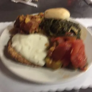 Homestyle! Chicken Fried Steak, smoked sausage and taters, tomatoes and spinach, what I grew up on.