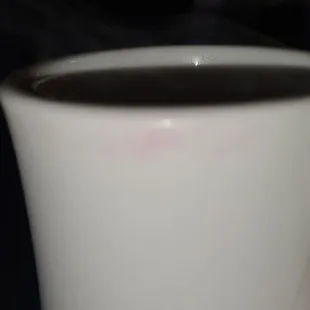 I sent this back to the kitchen for another cup with fresh coffee in it. This same cup was dirty had lipstick and coffeestains!