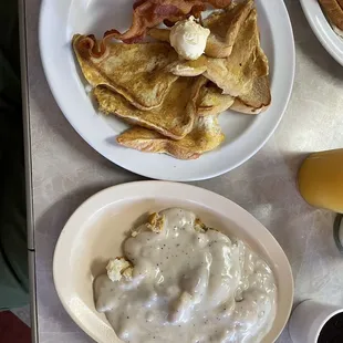 Top: French toast with Bacon Bottom: Biscuit with Gravy