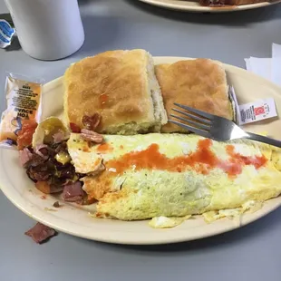 Western omelette and biscuit