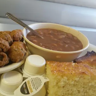 Pintos and cornbread with a side of okra.