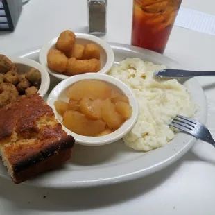 Carb Overload: Fried Okra, cornbread, baked apples, mashed potatoes, fried creamed corn nuggets and super sweet tea. ;-)