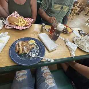 French toast, biscuit and gravy, Hamburg steak and chicken sandwich