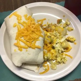 a burrito and scrambled eggs