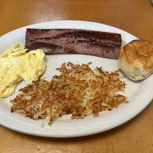 2 eggs any style meal with turkey sausage, hash browns, and a biscuit.