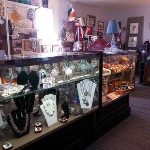 Jewelry, local and imported, collectibles and more throughout the shop.