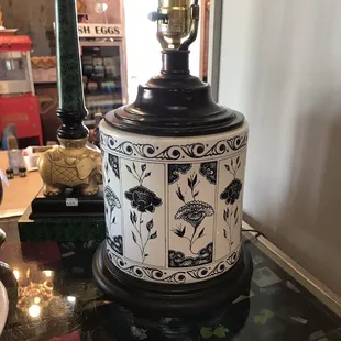 Kind of don't want to post as may come back and buy! Asian influence blue and white pottery lamp.